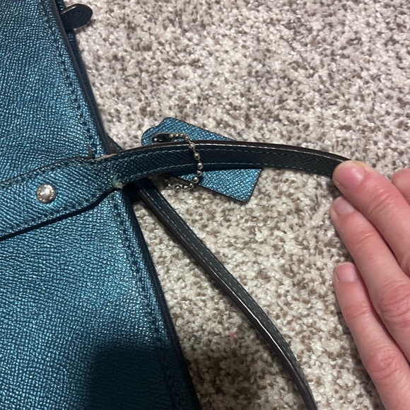 Coach Blue Pebbled Leather Tote Shoulder Bag Silver Logo Classic Everyday Purse - Picture 12 of 14